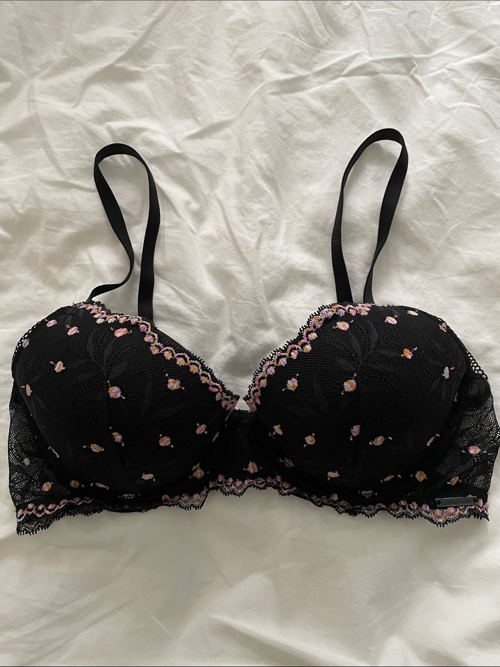 Calvin Klein Black Lace underwire Bra with Pink Floral Accents size 34C